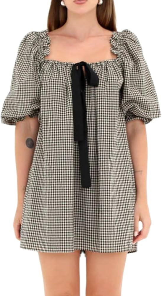 UAURORAO Women Puff Sleeve Shift Dress Y2k Square Neck Bow Tie Babydoll Short Dress Cute Ruffle C... | Amazon (US)