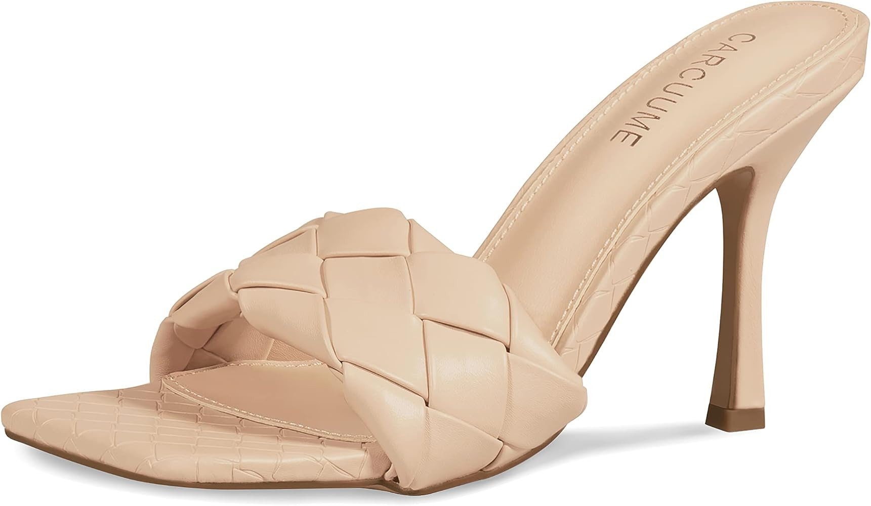 Women's Square Open Toe Heeled Woven Leather Sandals Stiletto Slip On Quilted High Heels | Amazon (US)