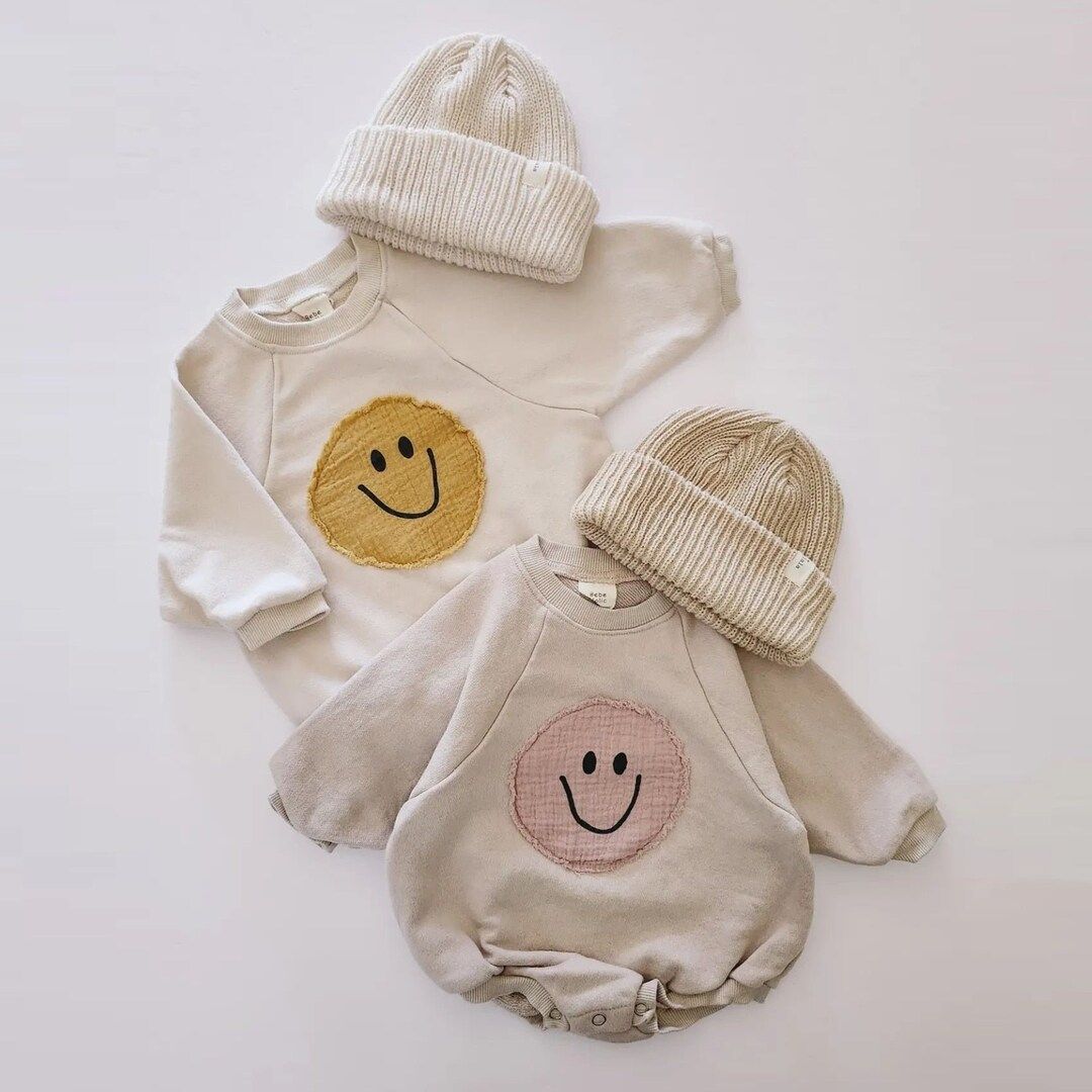 Smiley Face Sweatshirt Baby Romper - Etsy | Etsy (US)