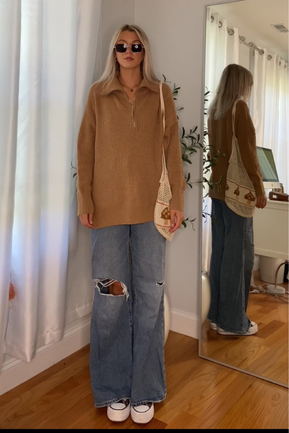 neutral fall outfit - back to school fall outfit ideas - ripped Levi jeans - platform sneakers - fall tote bag 

#LTKBacktoSchool #LTKFind #LTKstyletip