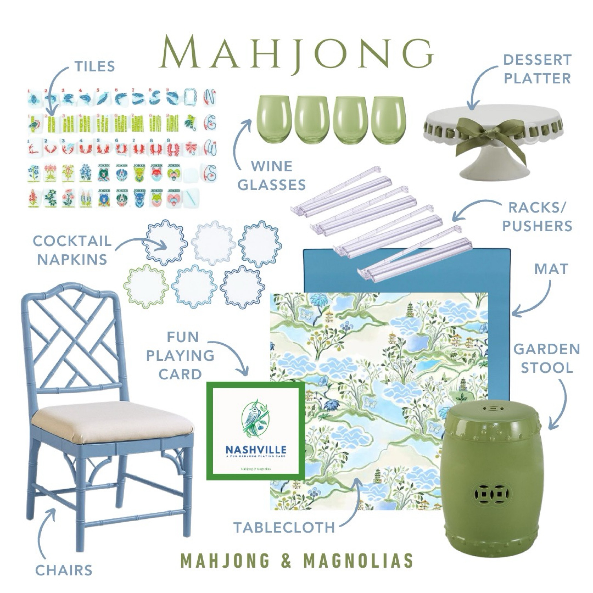 Green and blue are always a good idea — especially on Mahjong Day!

___

Mahjong tiles, stemless wine glasses, dessert platter, mahjong rack/pusher, cocktail napkins, square table cloth, card table, game mat, garden stool, dining chair

#LTKstyletip #LTKover40 #LTKhome