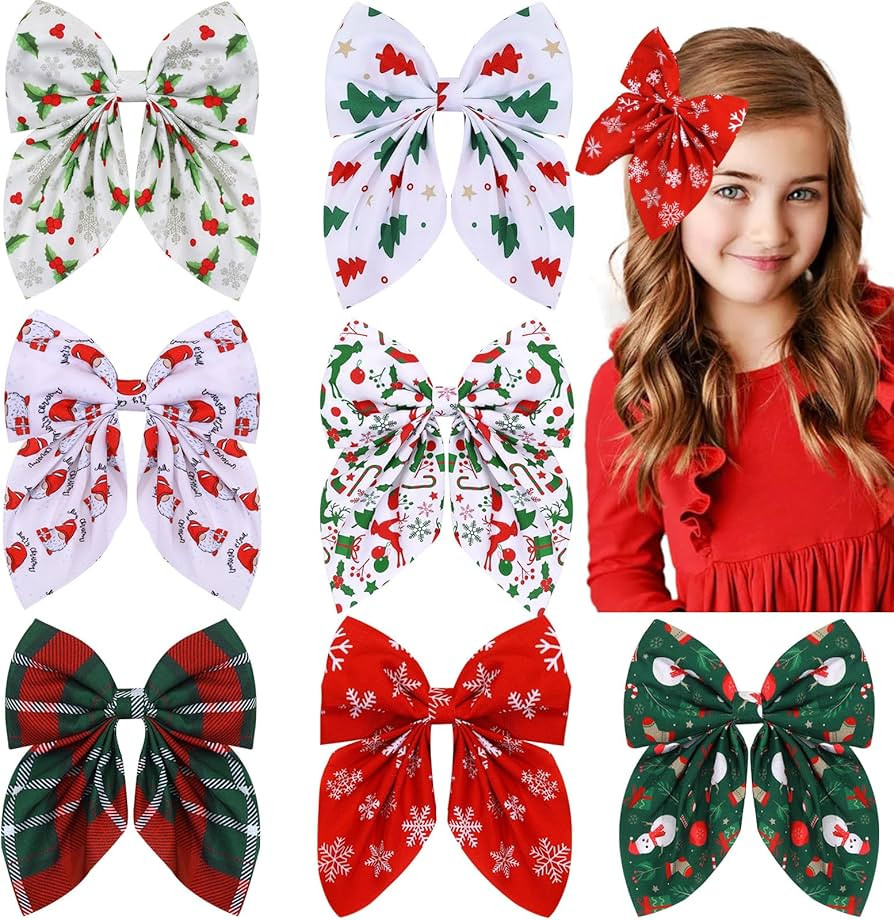 7 PCS Christmas Hair Bows for Girls, 4.5 Inch Red Girls Bows Toddler Bows Clips with Christmas Tr... | Amazon (US)