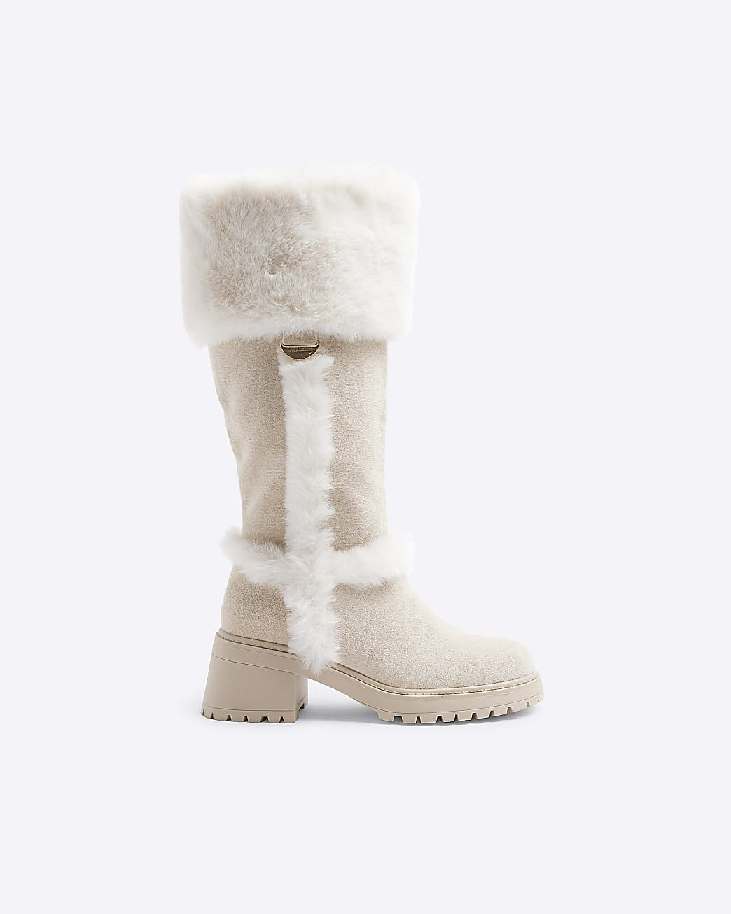 Girls Stone Suedette Faux Fur Knee High Boots | River Island (UK & IE)