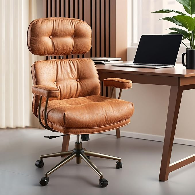 ovios Ergonomic Home Office Chair, Mid-Century Modern Faux Leather Chairs with Thickened Cushions... | Amazon (US)