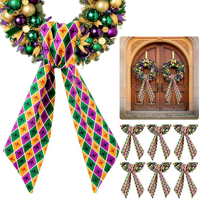 XunYee 6 Pcs Mardi Gras Wreath Sash for Front Door Green Purple Gold Wreath Sash for Mardi Gras F... | Amazon (US)