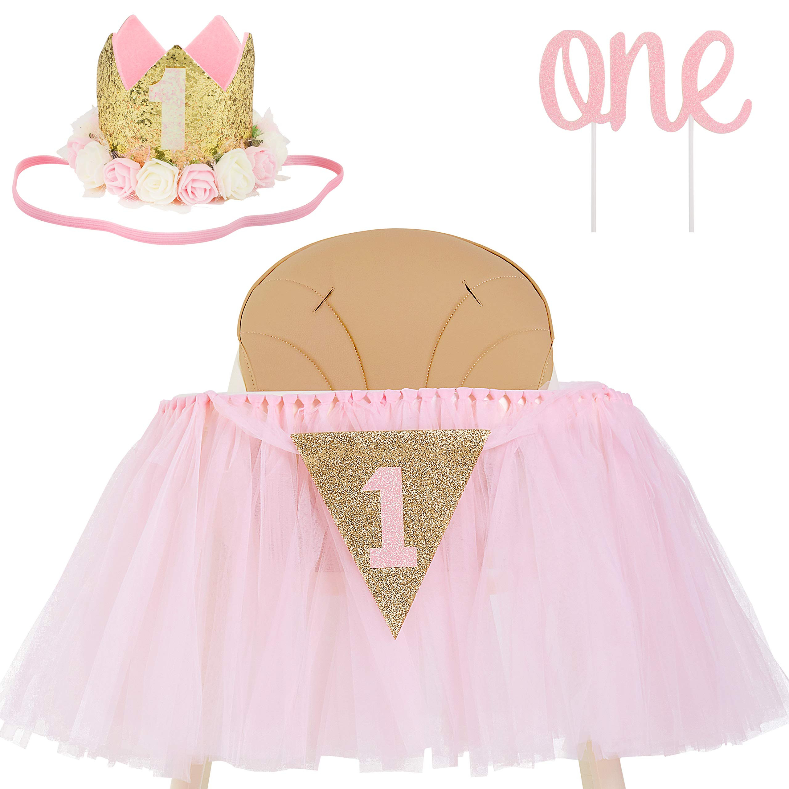 1st Birthday Girl Decoration High Chair Tutu Skirt WITH No.1 Crown -1st Birthday Decorations Cake Sm | Amazon (US)