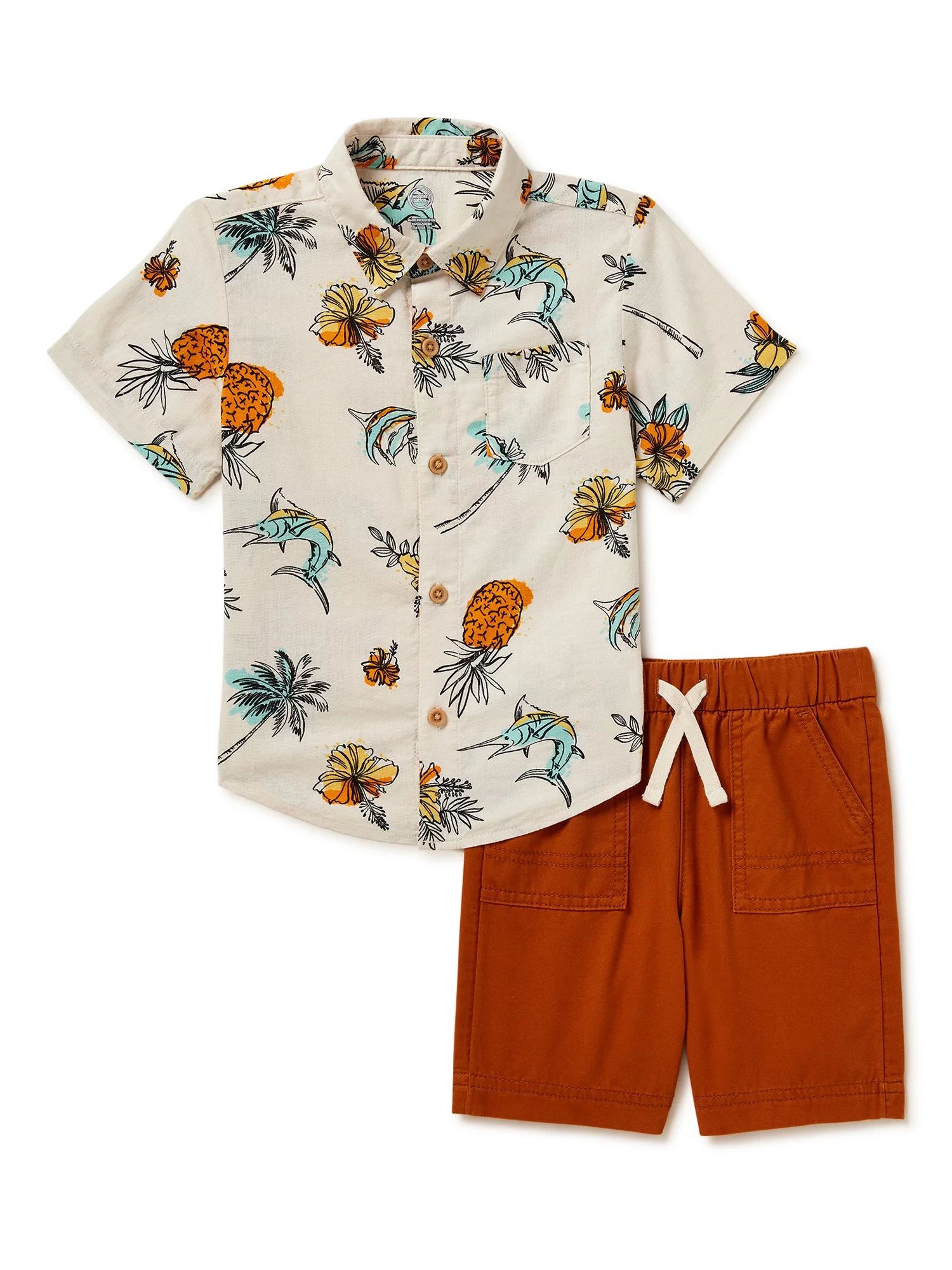 Wonder Nation Toddler Boys Short Sleeve Woven Button Down Shirt and Shorts, 2-Piece Set, Sizes 12... | Walmart (US)