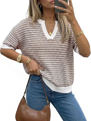 Arach&Cloz Women's 100% Cotton Polo V Neck Striped Short Sleeve Spring Casual Pullover Sweaters 2... | Amazon (US)