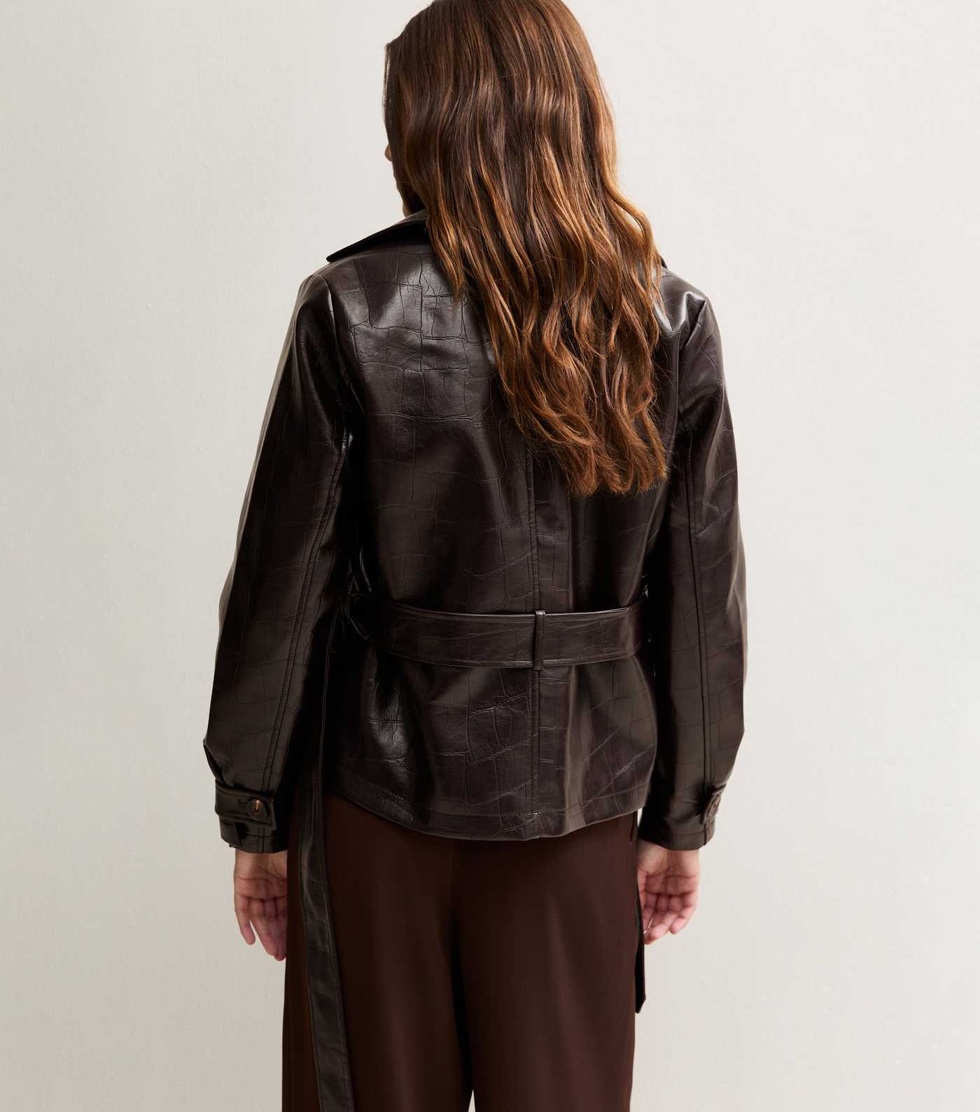 Dark Burgundy Patent Faux Leather Crocodile Embossed Tie Waist Jacket | New Look | New Look (UK)