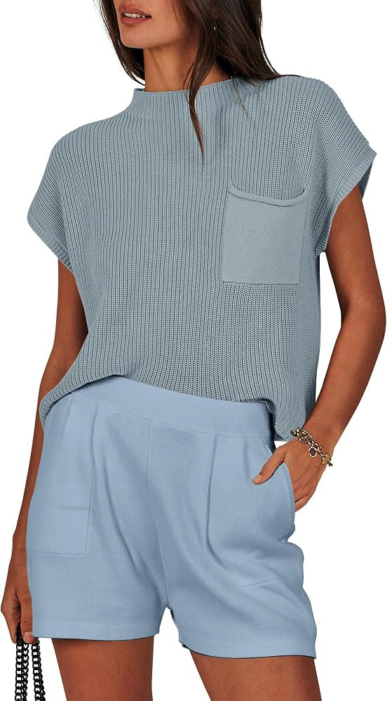 ANRABESS Women's Two Piece Summer Outfits Knit Sweater Short Sets Pullover Tops & Shorts Lounge M... | Amazon (US)