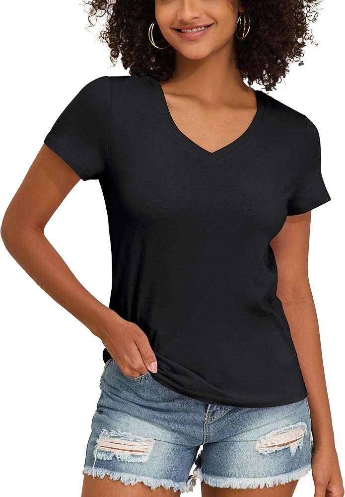 PrettyGuide Women's Tops Cotton Jersey Short Sleeve V Neck T Shirts Trendy Casual Loose Fit Summe... | Amazon (US)