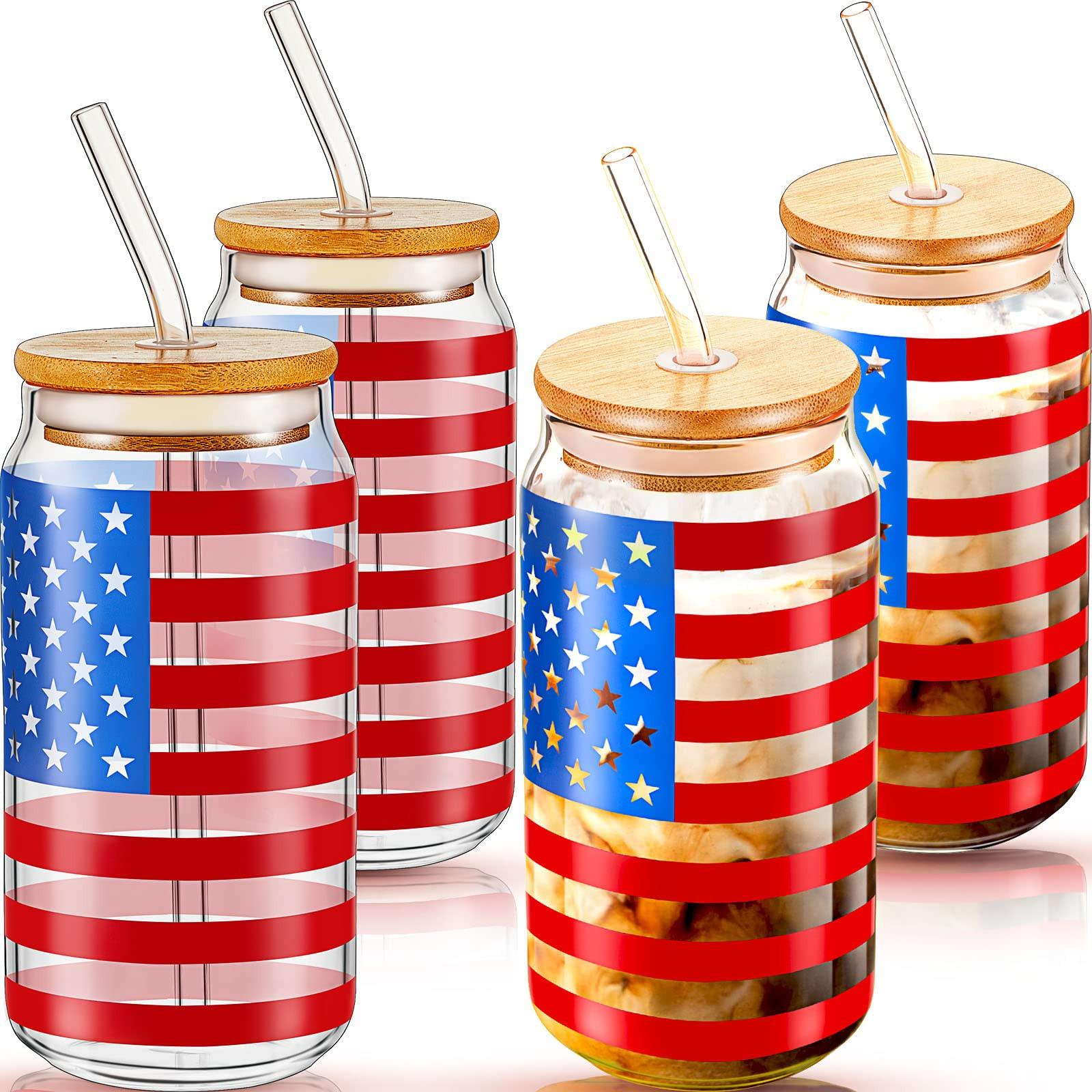 4 Set 16 oz American Flag Glass Cups with Lids and Straws 4th of July Iced Coffee Cups American F... | Amazon (US)