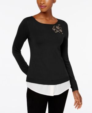 Charter Club Petite Jeweled Layered-Look Sweater, Created for Macy's | Macys (US)