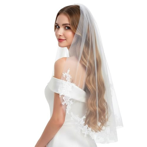 Josojoou White Wedding Bridal Veil with Comb, 1 Tier Floral Edge Bridal Tulle Veil, Lace Bride Wedding Veil for Bachelorette Party Bridals Shower Flower Girl | Amazon (US)