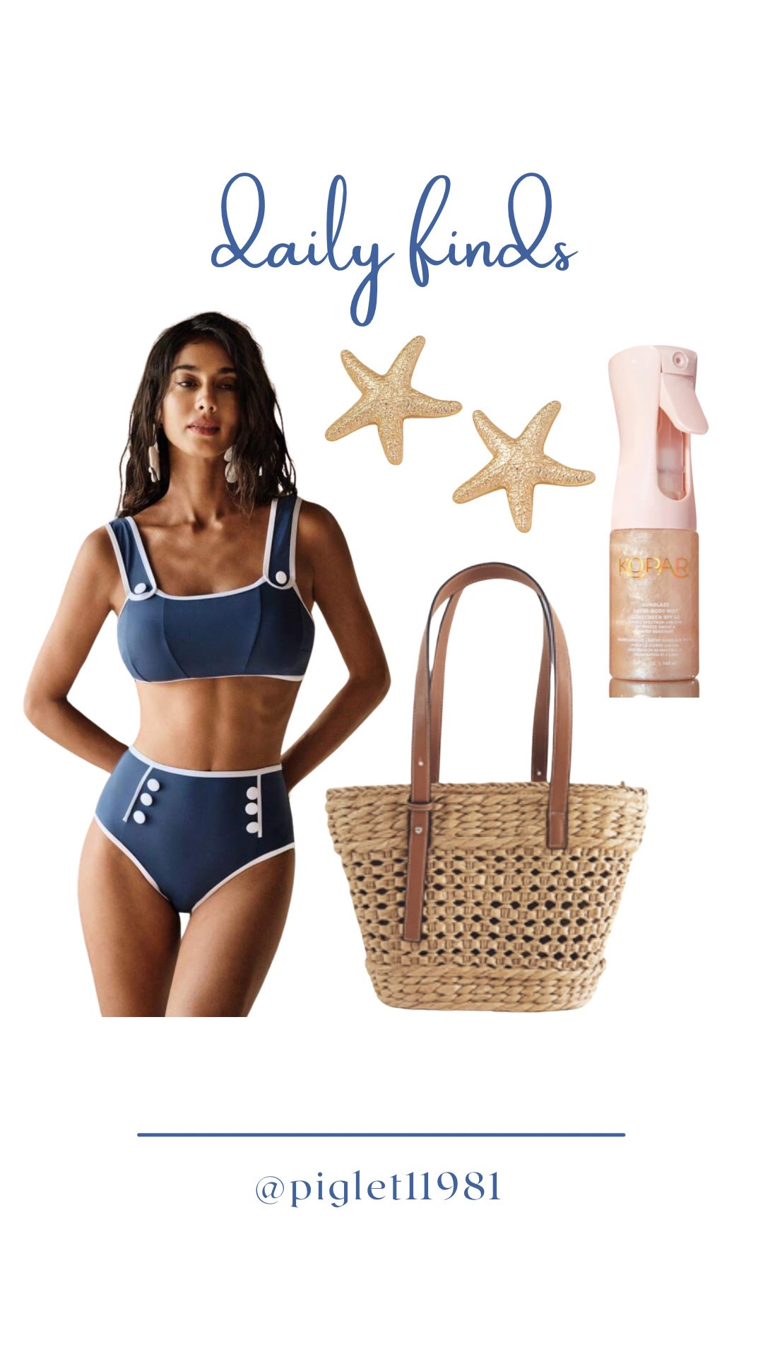 Vacation look for less. Ordered size small in the nautical navy swimsuit ⚓️💙

#nauticalswimwear #nauticalswimsuit #starfishearrings #beachbag #sunscreenmist #mistsunscreen 

#LTKSwim #LTKStyleTip #LTKFindsUnder50