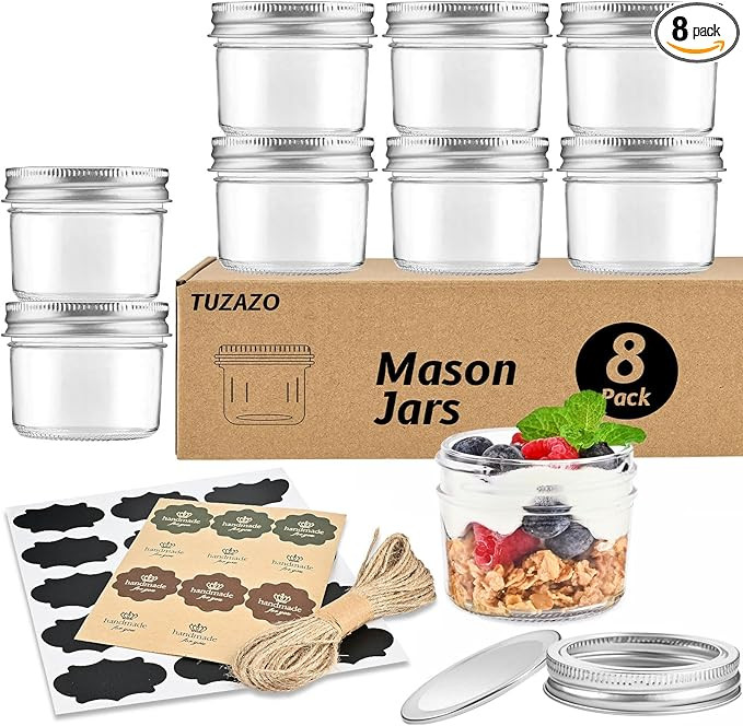 TUZAZO Small Mason Jars 8 Pack, 4 oz Mini Glass Mason Jars with Lids and Labels, Small Glass Cann... | Amazon (US)