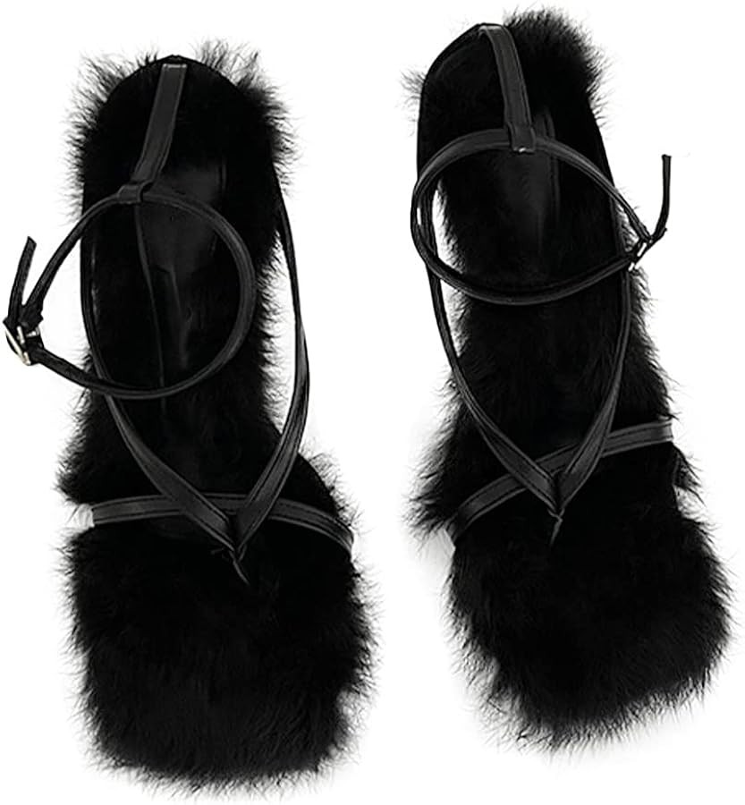Faux Fur Thong Kitten Heels Ankle Strap Fluffy Slides Fuzzy Flip Flops Heels for Women Square Ope... | Amazon (US)