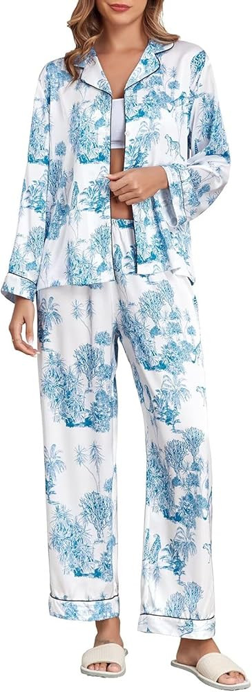 Brosloth Women's Silk Satin Pajamas Pjs Sets Cute Lace Pattern Two Piece Loungewear Set Button Up... | Amazon (US)
