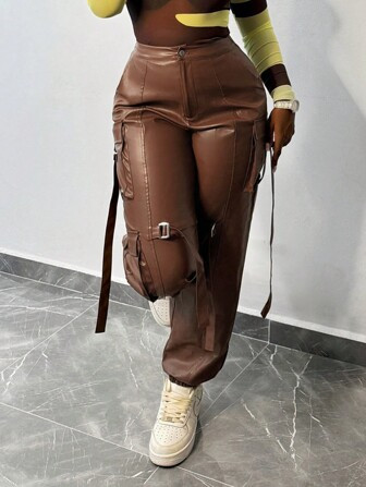 SHEIN Slayr Brown PU High-Waisted Pocket Drawstring Pants, Fashion Women Casual Trousers - M | SHEIN