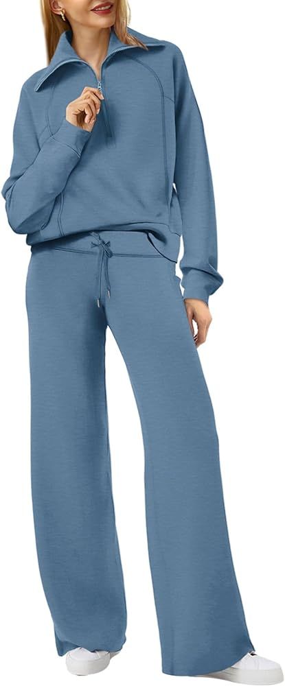 XIEERDUO Lounge Sets For Women 2023 Oversized Half Zip Sweatshirt And Wide Leg Sweatpant 2 Piece Outfits Sweatsuit Tracksuit | Amazon (US)