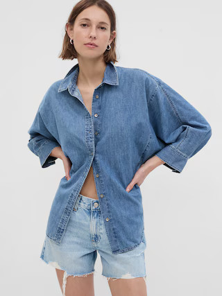 100% Organic Cotton Denim 3/4 Sleeve Big Shirt with Washwell | Gap (US)