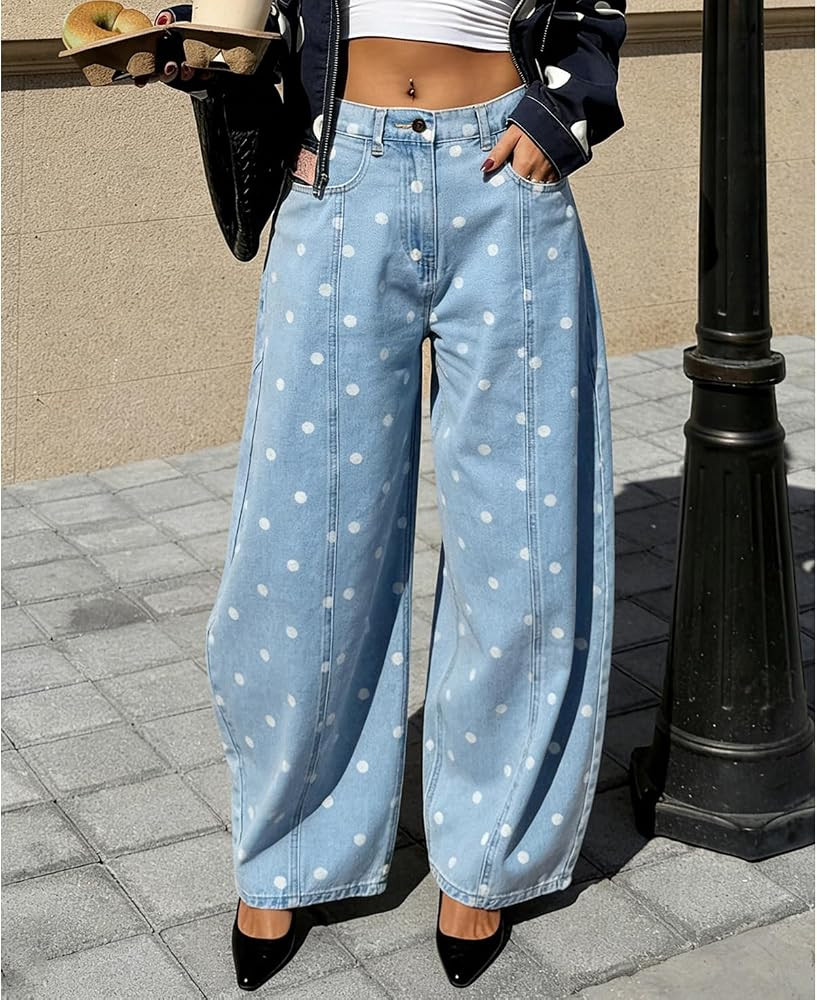 XBTCLXEBCO Polka Dot Jeans Women Y2K Print High Waisted Wide Leg Denim Pants Vintage Stretchy Boy... | Amazon (US)