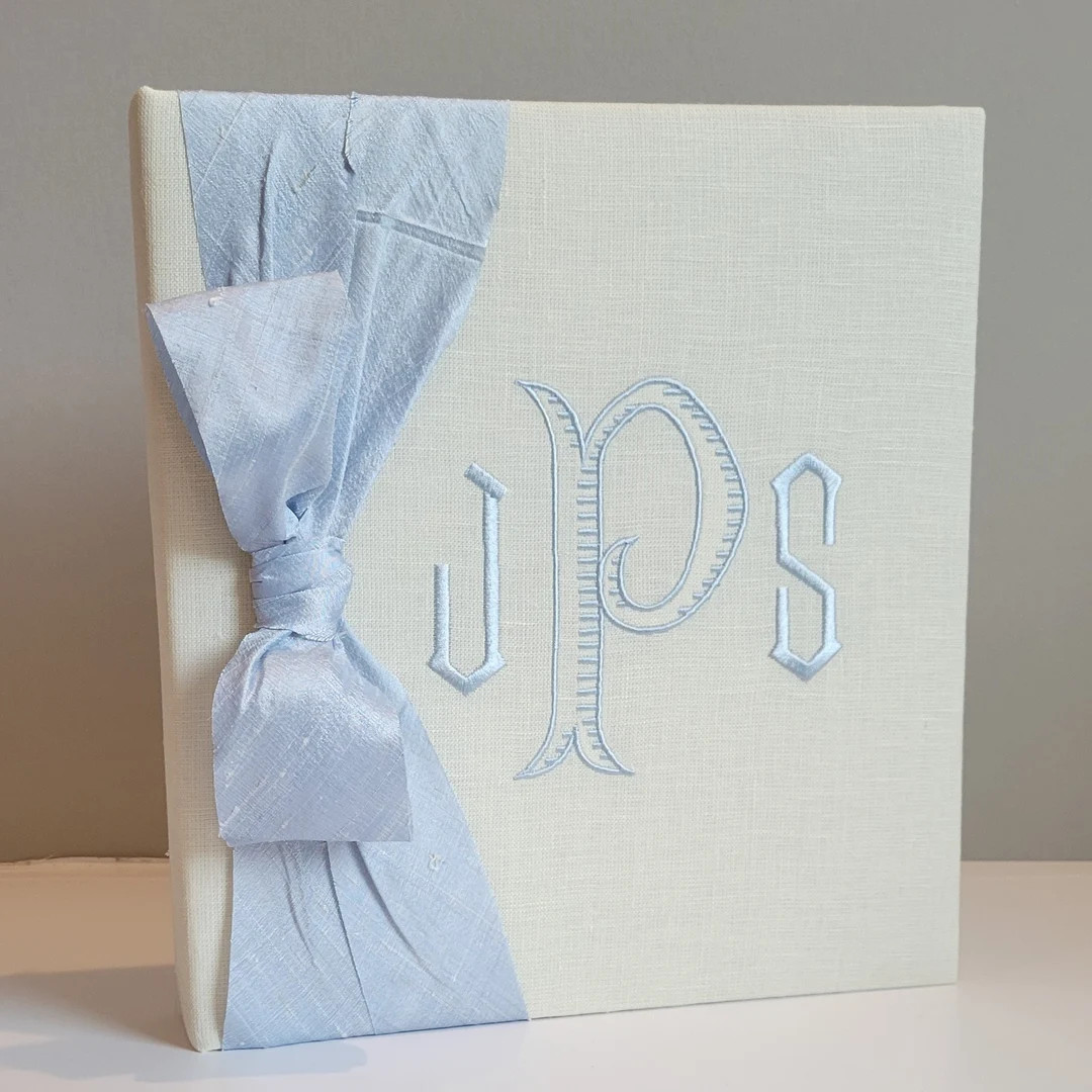 Ivory Linen With Ice Blue Ribbon and Ice Blue Thread Baby Memory Book, My First Years, Monogramme... | Etsy (US)