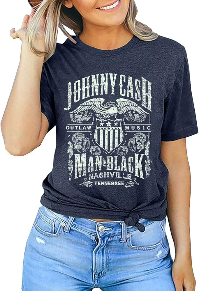 Cash Graphic Shirt Tees Women Vintage Country Music T-Shirt Casual Band Music Lovers Top Tee | Amazon (US)