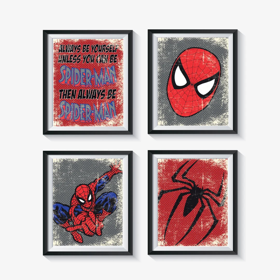 Retro Spider-Man and Logo Distressed, Vintage Style Unframed Superhero Art Print Set - Qty 4 - NU... | Etsy (US)