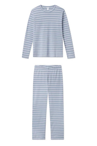 Pima Long-Long Weekend Set in Dusty Blue Stripe | Lake Pajamas