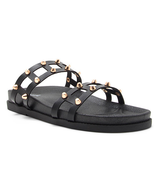 Qupid Women's Sandals BLK - Black & Goldtone Studded Bossy Sandal - Women | Zulily