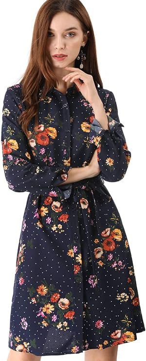 Allegra K Women' Polka Dot Floral Print Shirt Dress | Button Down, Point Collar, Long sleeve, Abo... | Amazon (US)