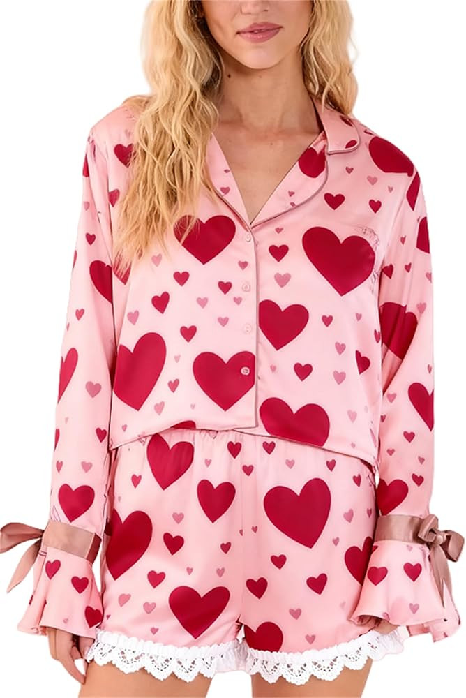 Thopavenoir Women Bow Tie Sleeve Pajamas Set for Valentine's Day Satin Silk 2 Piece Pjs Set Love ... | Amazon (US)