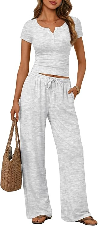 Trendy Queen Women's 2 Piece Matching Lounge Sets Summer Henley Neck Slightly Crop Top Wide Leg P... | Amazon (US)