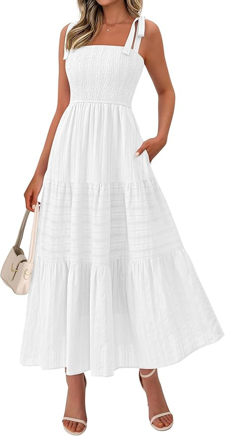 BTFBM Women's 2026 Spring Boho Spaghetti Strap Dress Casual Sleeveless Smocked A Line Beach Sundr... | Amazon (US)