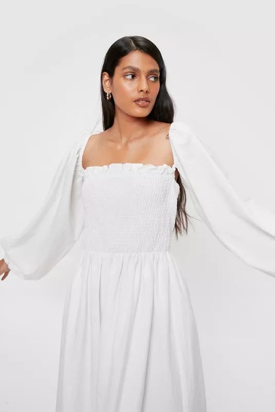 Linen Look Balloon Sleeve Shirred Midi Dress | Nasty Gal (US)