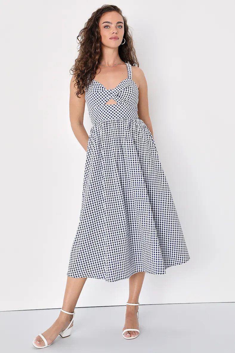 City Strolls Navy Blue Gingham Backless Twist-Front Midi Dress | Lulus (US)