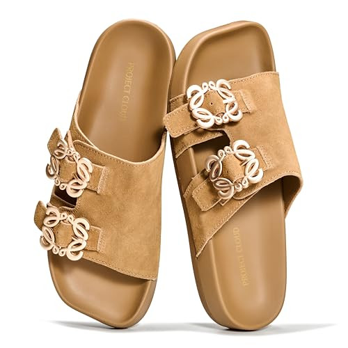 Project Cloud 100% Genuine Leather Womens Sandals Dressy - Lightweight & Non-Slip Women's Flats Sandals Women with Plush & Soft Insole Slides Sandals for Women 2026 (VELORA, CHSTNUTSDE,11M) | Amazon (US)