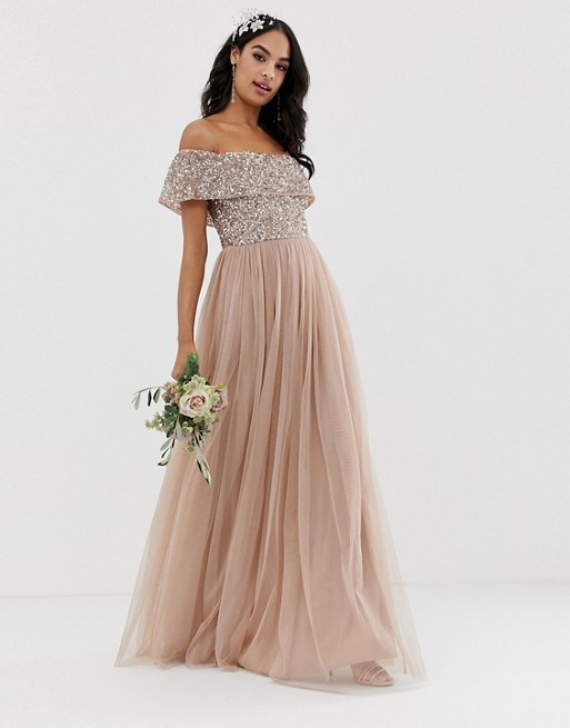 Maya Bridesmaid bardot maxi tulle dress with tonal delicate sequins in taupe blush | ASOS US