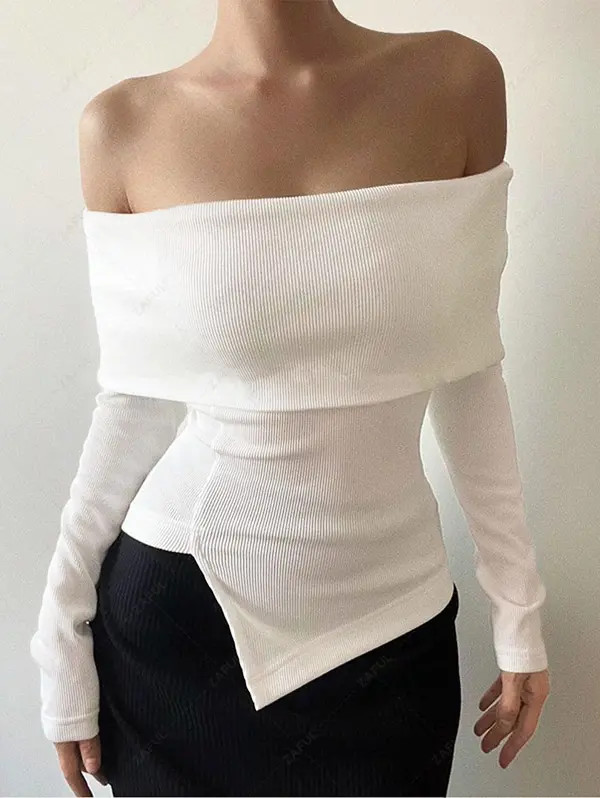 Women's Off Shoulder Long Sleeves Backless Overlay Hanky Hem Asymmetric T Shirt - White L | Zaful - KR
