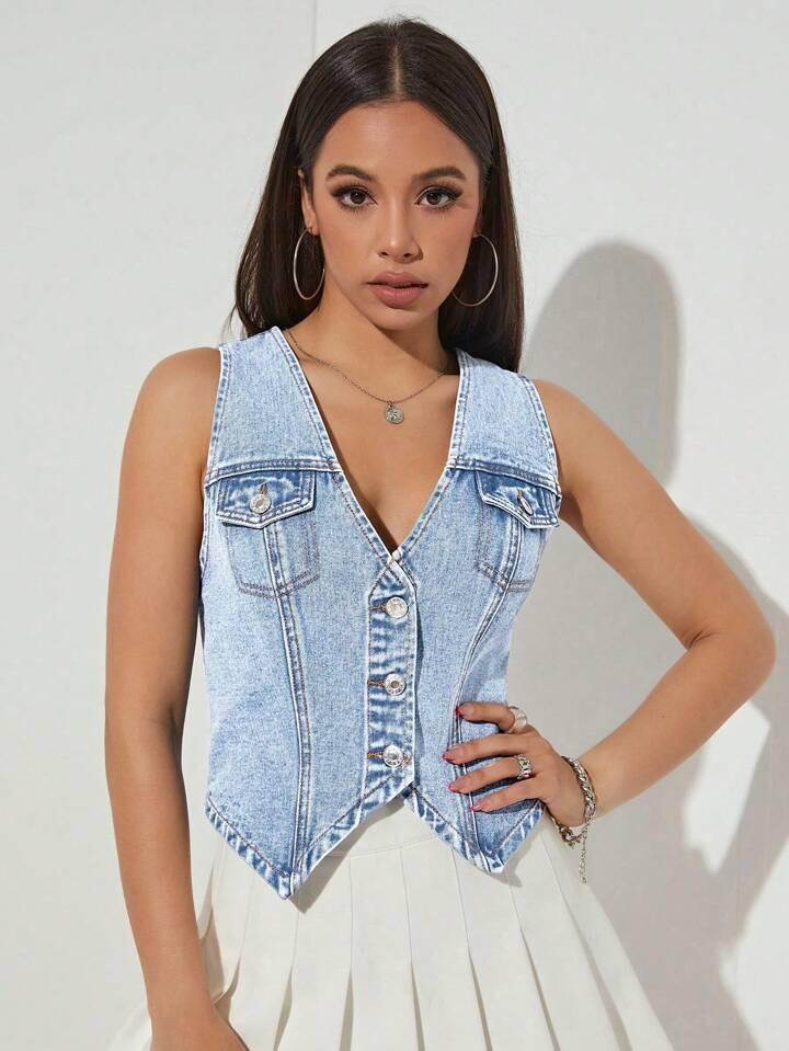 SHEIN EZwear Women Fashion Solid Color Sleeveless Denim Vest | SHEIN