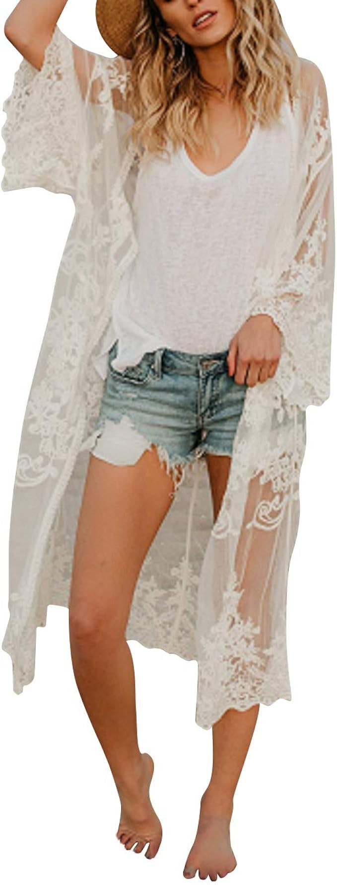 Jeasona Women’s Bathing Suit Kimono Beach Cover Up Lace Crochet Pool Swimwear | Amazon (US)