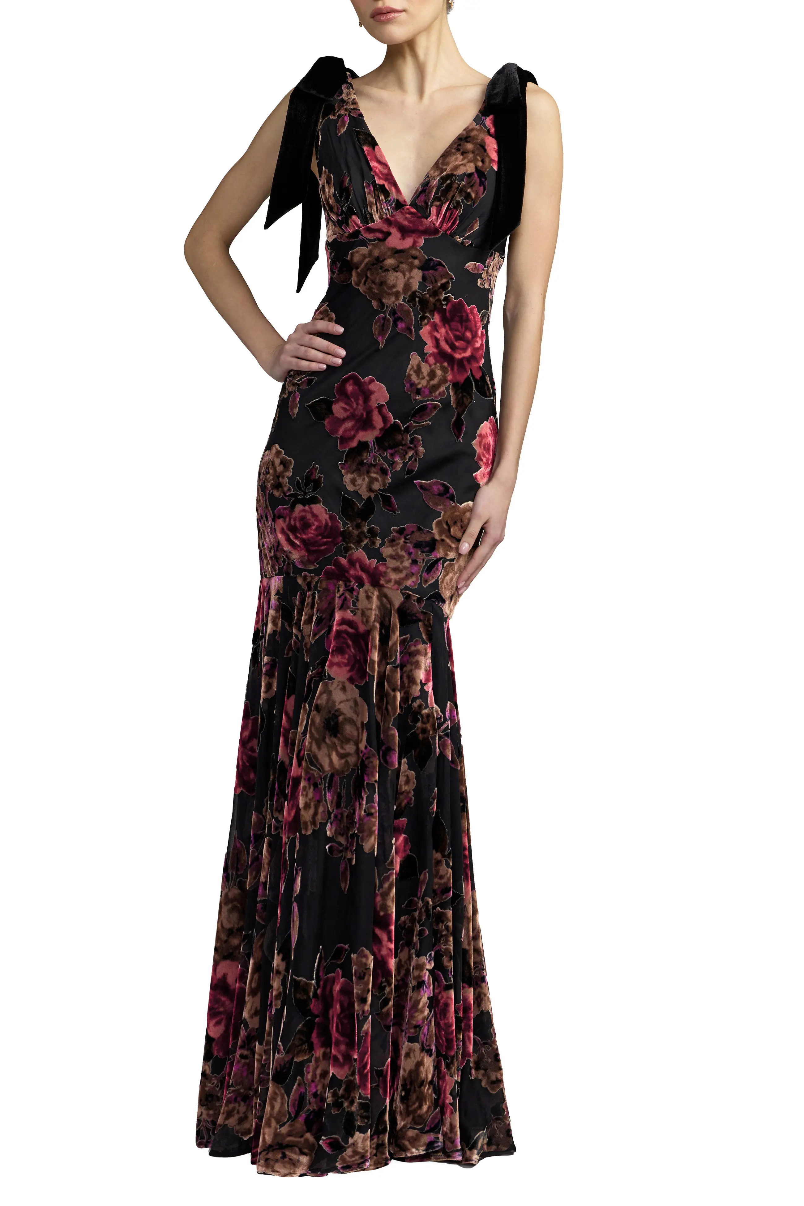 Mac Duggal Floral Velvet Mermaid Gown With Bows in Black Multi at Nordstrom, Size 12 | Nordstrom