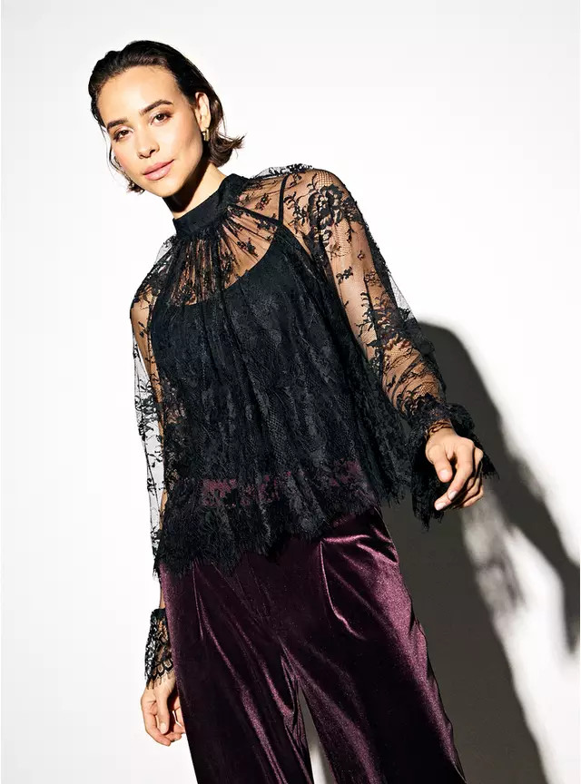 Black Lace Flute Sleeve High Neck Blouse 22 | Tu Clothing