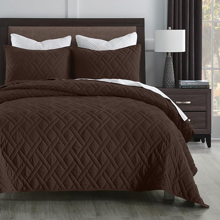 HORIMOTE HOME Quilt Set Queen Size Chocolate, Classic Geometric Diamond Stitched Pattern, Ultra S... | Amazon (US)