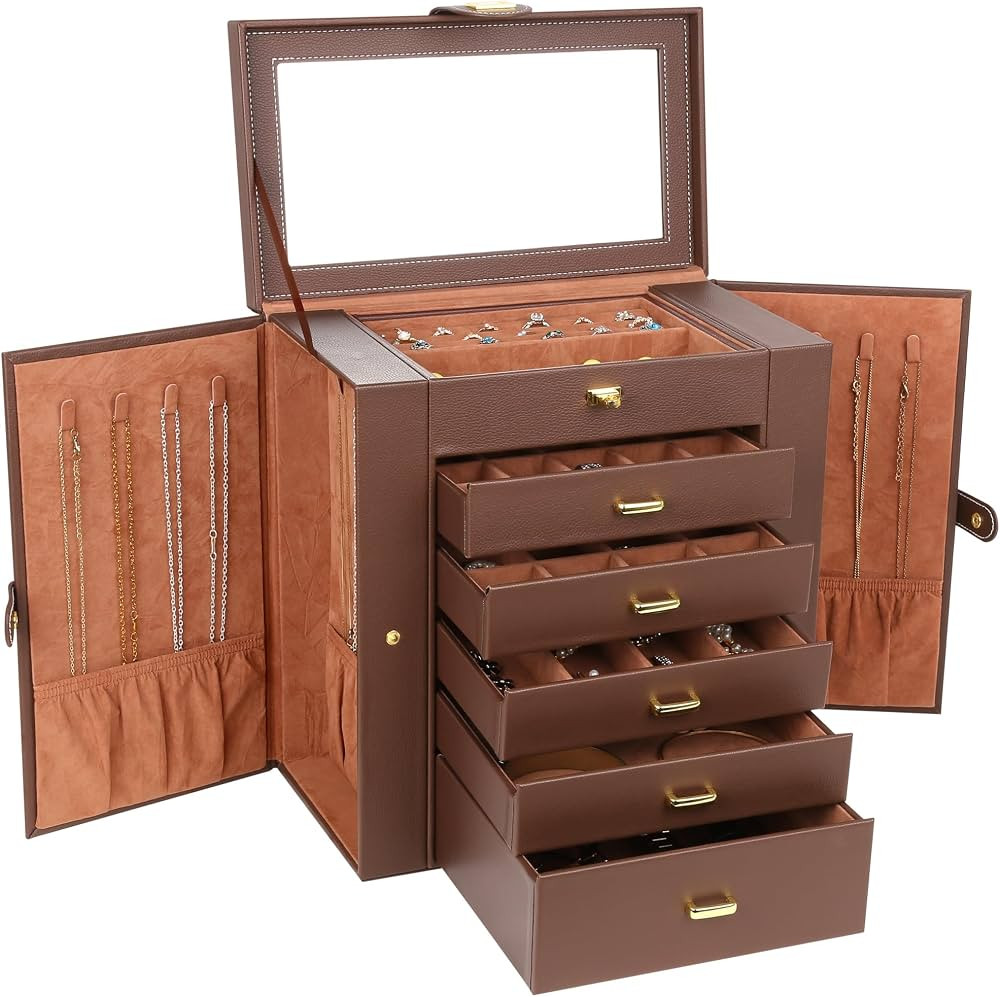Kendal Extra Large Jewelry Box Jewelry Case PU Leather 6 Tier 5 Drawers Large Storage Capacity wi... | Amazon (US)