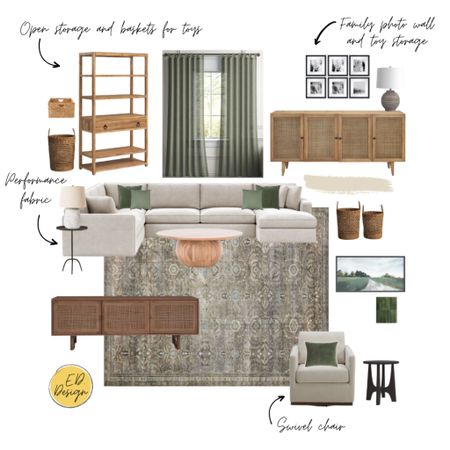 Living room, green rug, bookcase, toy storage, sideboard, swivel chair, velvet pillow, basket 

#LTKhome