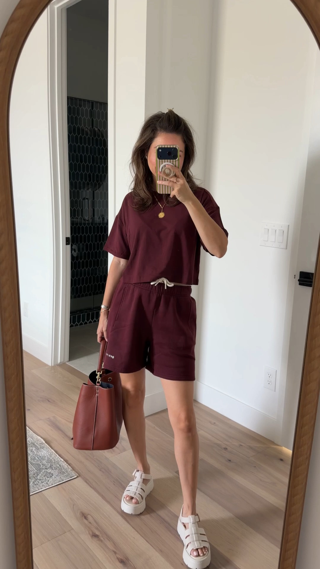 Casual pre fall transition outfit burgundy matching shorts and tee with platform sandals And bucket bag

Top XS 
Shorts xs

#LTKgrwm #LTKootd #LTKPetite