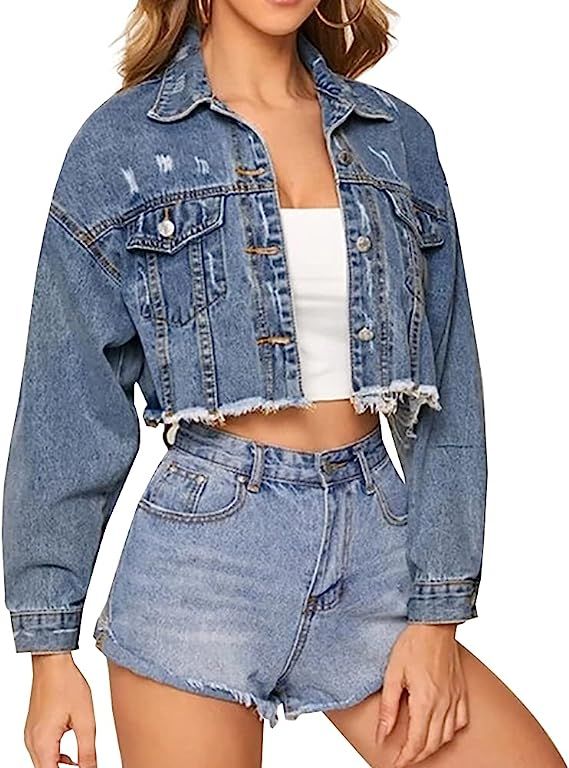 LONGYIDA Women's Jean Jacket Button Down Cropped Frayed Denim Jacket Coat | Amazon (US)