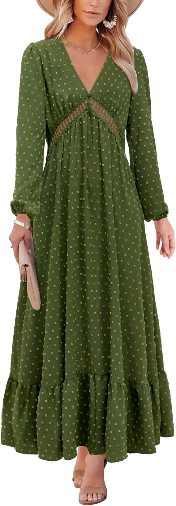 STYLEWORD Women's Long Sleeve Swiss Dot Maxi Dress Sexy Casual Lace Flowy Chiffon V Neck Ruffle E... | Amazon (US)